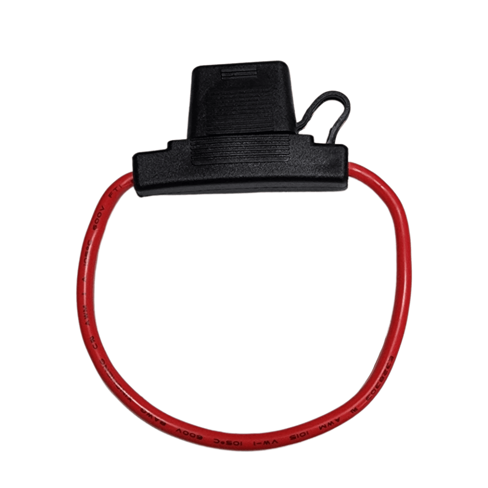 Red 8AWG inline maxi fuse holder with protective dust cap and cable loop