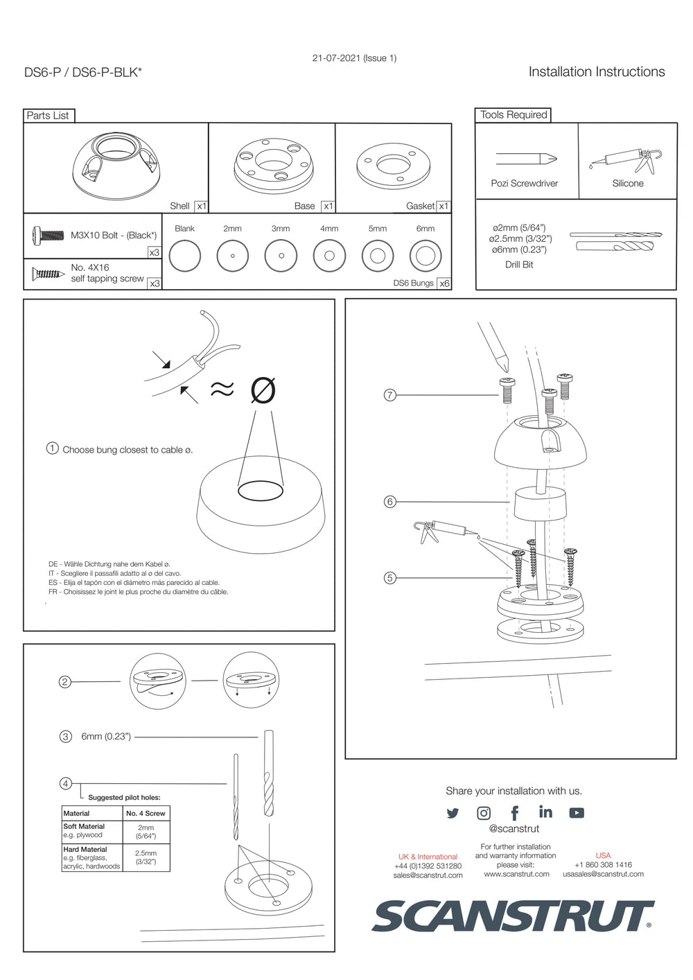 Installation instructions for DS6-P cable seal showing parts list and assembly steps