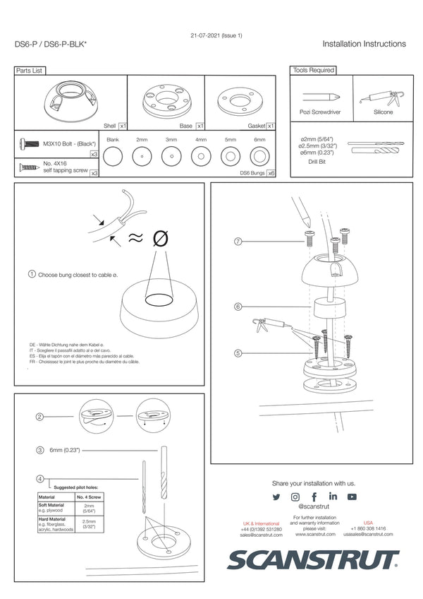 Installation instructions for DS6-P cable seal showing parts list and assembly steps