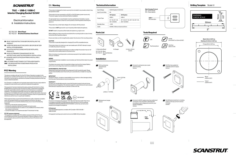 Technical specifications and installation instructions for the Scanstrut TILE socket