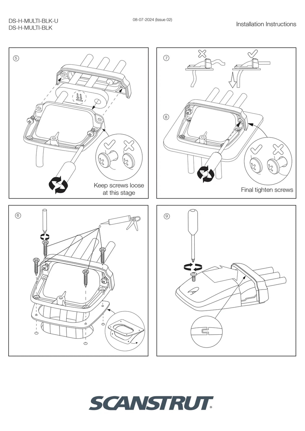 Installation guide diagram for the horizontal multi cable seal showing assembly steps