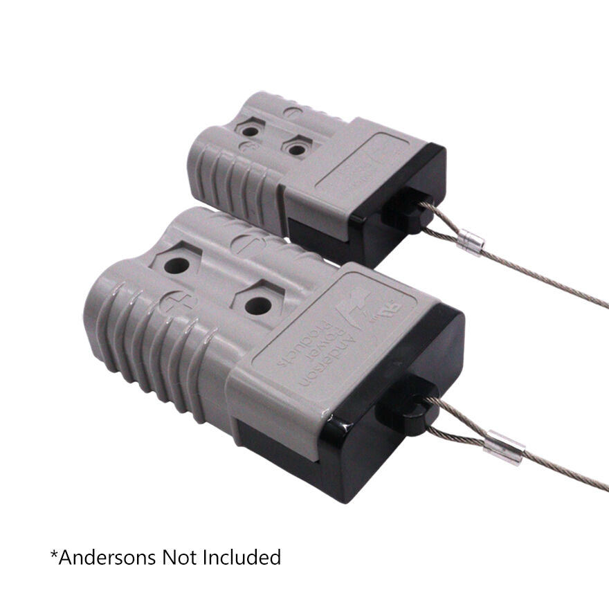 Two grey 175A Anderson plugs fitted with black protective dust covers