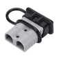 Black rubber dust cover loop installed around a grey 50A Anderson plug housing