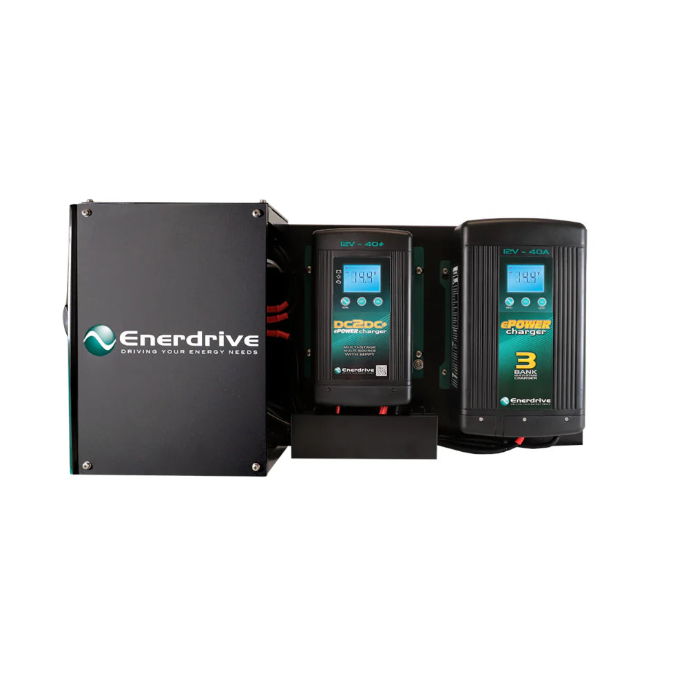 Side view of canopy power system showing the integrated 40A DC2DC and 40A AC battery chargers