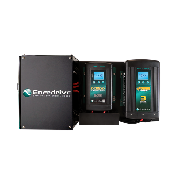 Side view of canopy power system showing the integrated 40A DC2DC and 40A AC battery chargers
