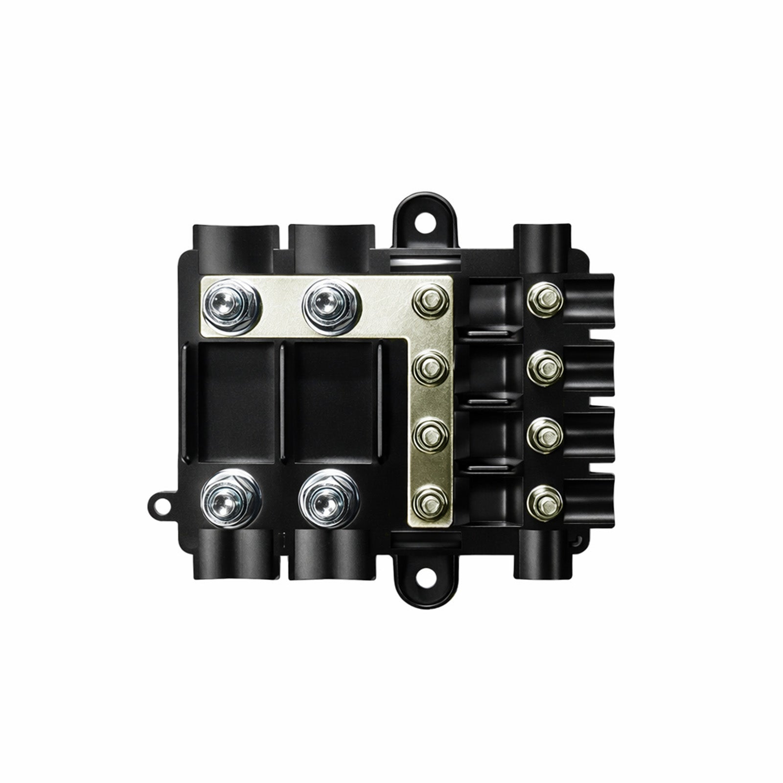 Top-down internal view of the fuse holder showing M8 and M5 studs on a tinned copper busbar