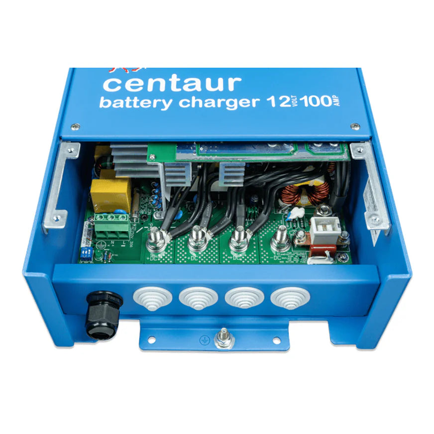 Close-up of internal circuitry and DC output terminals for battery connection