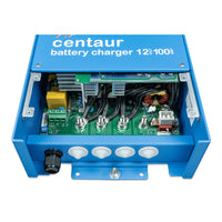 Close-up of internal circuitry and DC output terminals for battery connection