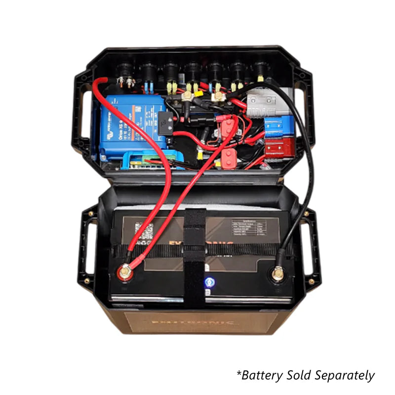 Open battery box lid showing internal wiring, Victron Orion XS charger and fuse layout