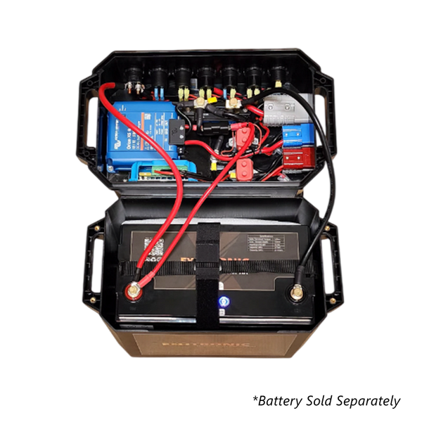 Open battery box lid showing internal wiring, Victron Orion XS charger and fuse layout