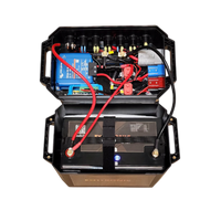 Open battery box lid revealing internal wiring, Victron Orion XS charger and circuit protection