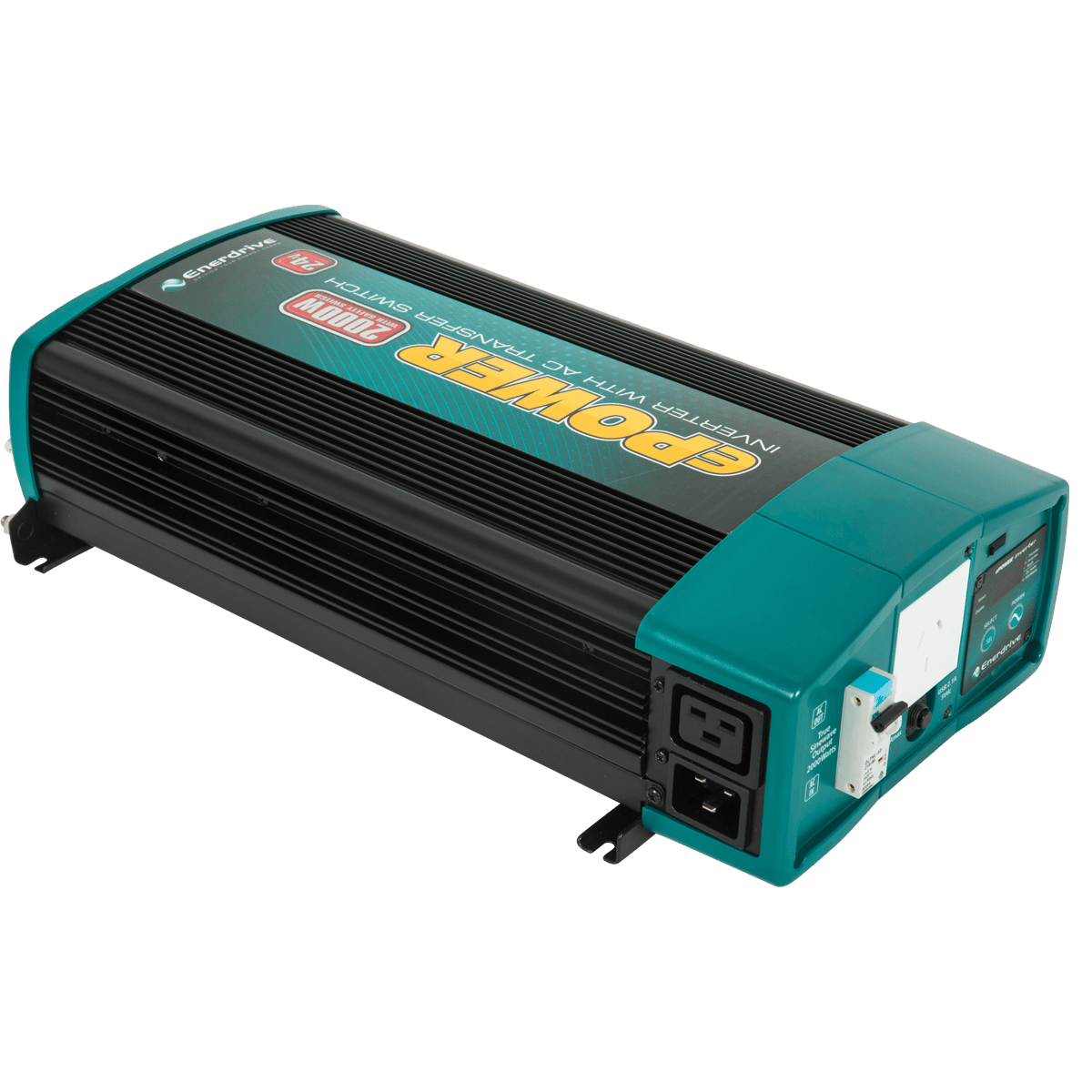 Angled view of 2000W inverter highlighting AC transfer switch inputs and robust casing