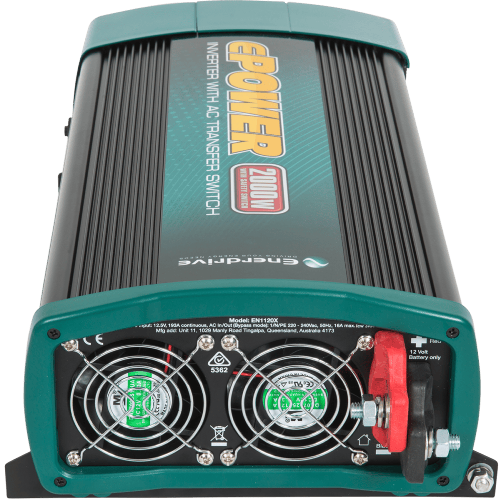 Rear view of inverter showing heavy-duty DC terminals and dual cooling fans