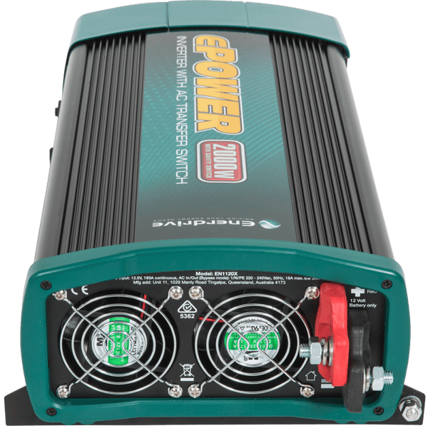Rear view of inverter showing heavy-duty DC terminals and dual cooling fans