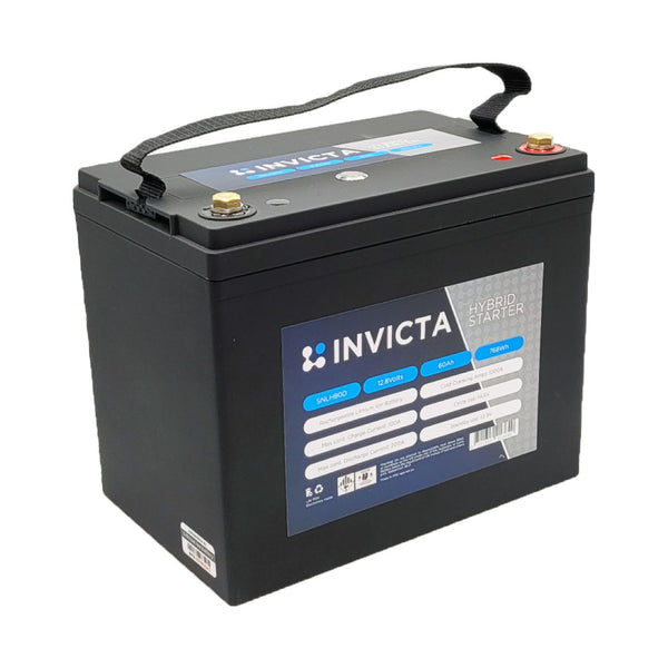 Invicta 12V 60Ah hybrid lithium starter battery with carry strap and M8 terminals