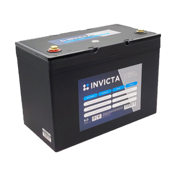 Angled view of Invicta 12V 80Ah hybrid lithium battery showing terminals and carry handles
