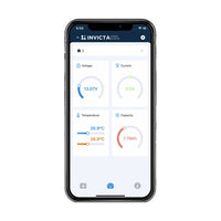 Smartphone displaying Invicta mobile app interface with voltage, current and temperature readings