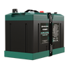 Side perspective of the rugged 100Ah lithium battery showing carry handles and textured green lid
