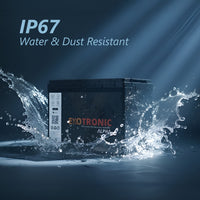 Exotronic Alpha battery splashed with water demonstrating IP67 water and dust resistance