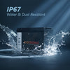Exotronic Alpha battery splashed with water demonstrating IP67 water and dust resistance