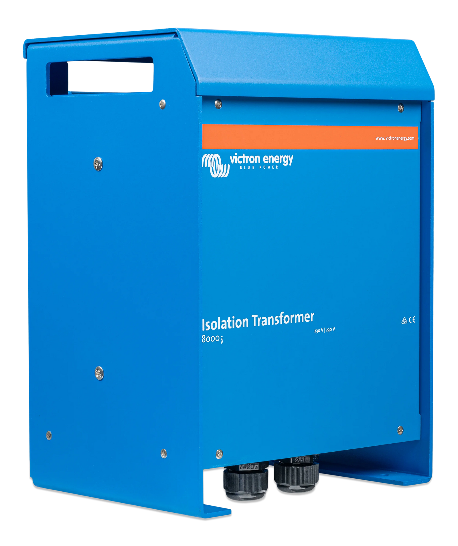 Angled perspective view of the 8000W isolation transformer showing side mounting holes and blue casing