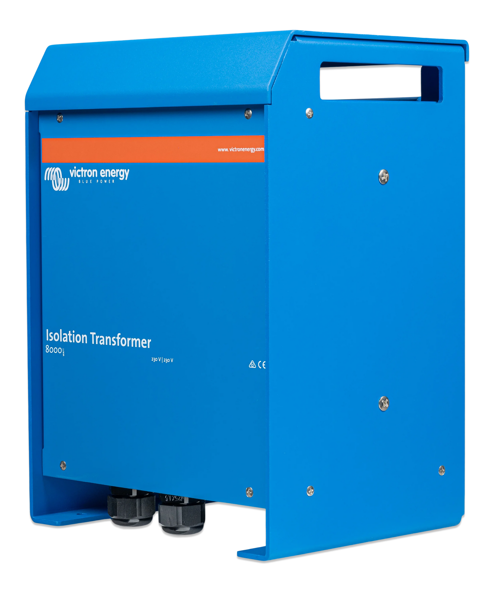 Side view of the Victron 8000W isolation transformer highlighting enclosure depth and assembly screws