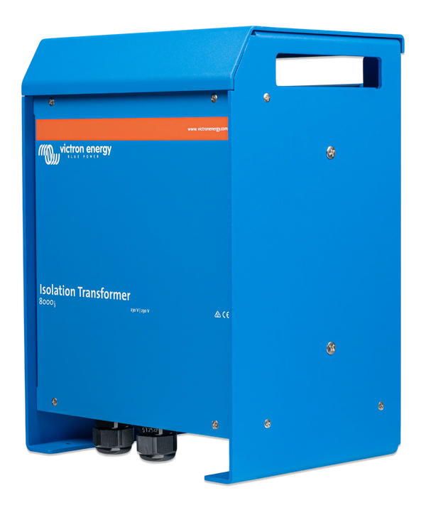 Side view of the Victron 8000W isolation transformer highlighting enclosure depth and assembly screws