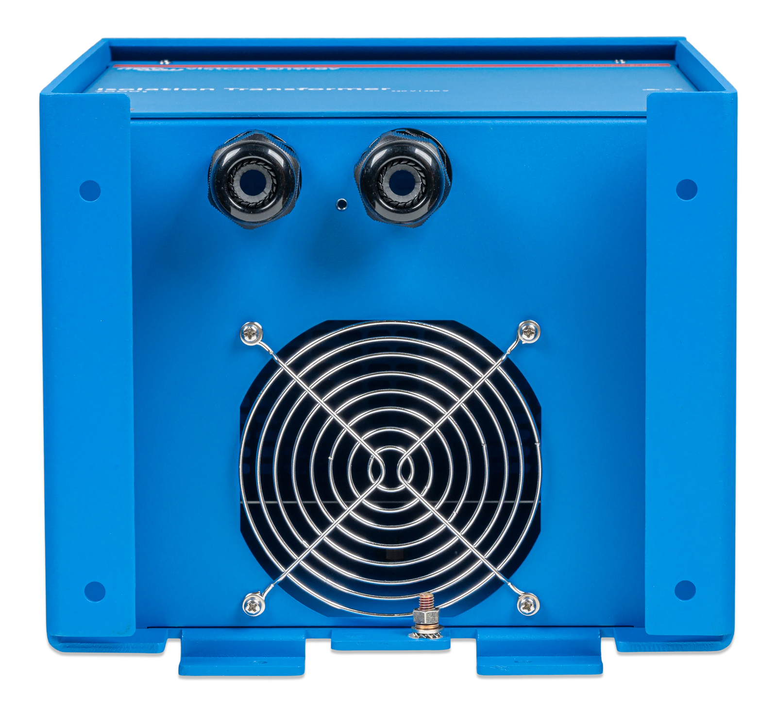 Underside view of isolation transformer showing cooling fan and dual cable glands