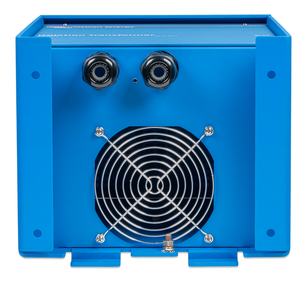 Underside view of isolation transformer showing cooling fan and dual cable glands