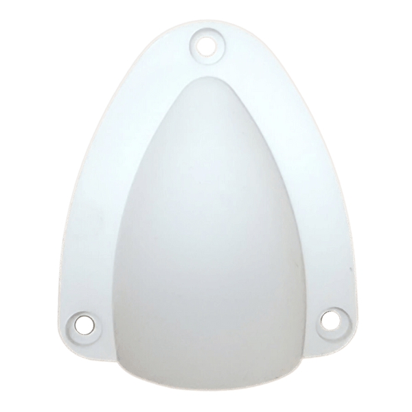 Top-down view of large white clamshell cable entry cover showing three mounting holes