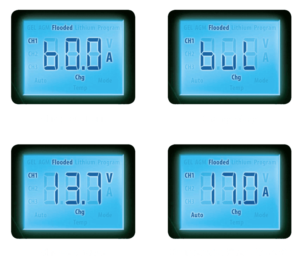 Four examples of the LCD display showing voltage and amperage readings