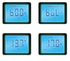 Four examples of the LCD display showing voltage and amperage readings
