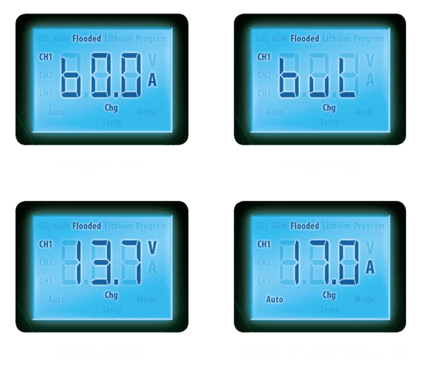 Four examples of the LCD display showing voltage and amperage readings
