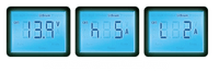 Three LCD screen examples showing different charging stages and battery data