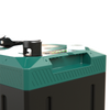 Detailed view of the integrated carry handle and LED state of charge indicator on the battery top