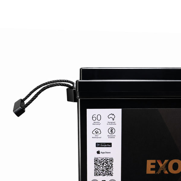 Close-up of the Exotronic battery label showing IP67 rating and Bluetooth connectivity icons