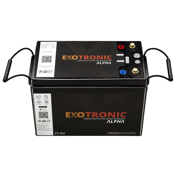 Angled top view of 24V 100Ah lithium battery with rope handles and M8 terminals