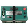 Overhead technical view of the battery showing terminals, SOC display, power button, and communication ports