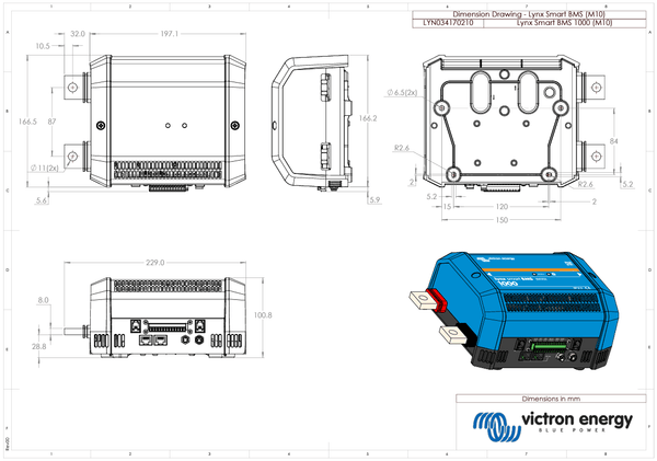 Dimensional technical drawing of Victron Lynx Smart BMS 1000 M10 in millimetres
