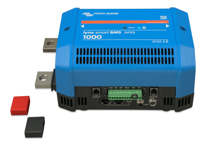 Lynx Smart BMS 1000 M10 with covers removed showing heavy duty tinned copper terminals