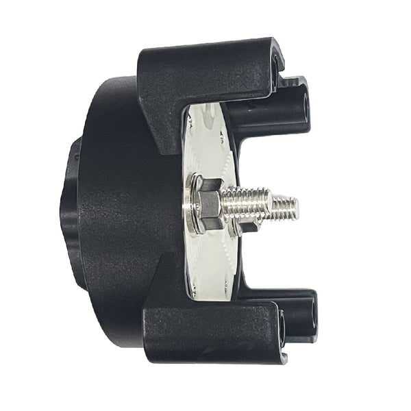 Side view revealing rear M10 threaded terminals and locking nuts