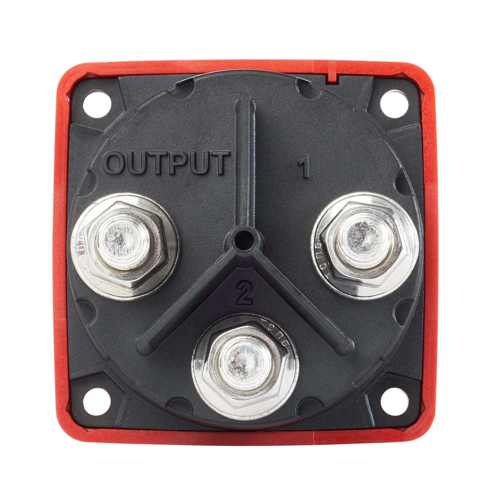 Rear view of battery switch with three M10 tinned copper terminal studs and insulating barriers
