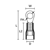 Front view technical drawing showing width and length dimensions for M5 ring terminal