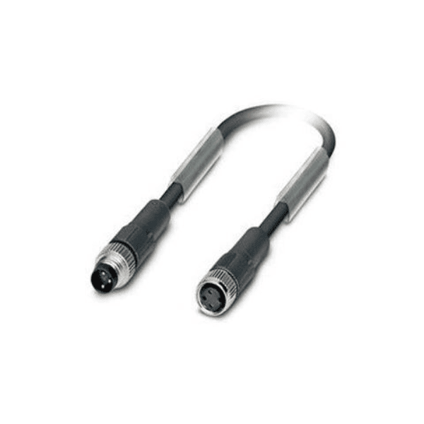 Close-up detail of M8 3-pole male and female circular connector ends