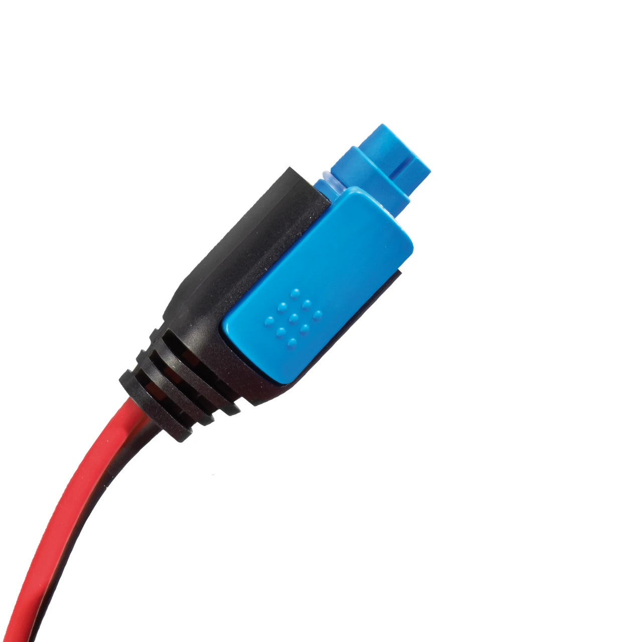 Close-up of male DC connector featuring a blue locking tab