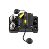 Perspective view showing yellow manual reset lever and trip button on black housing