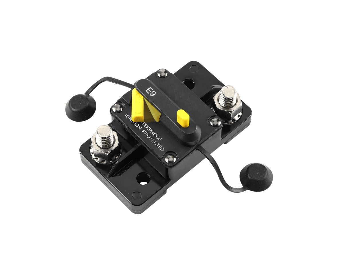 Angled view of 250A circuit breaker showing heavy-duty stainless steel studs