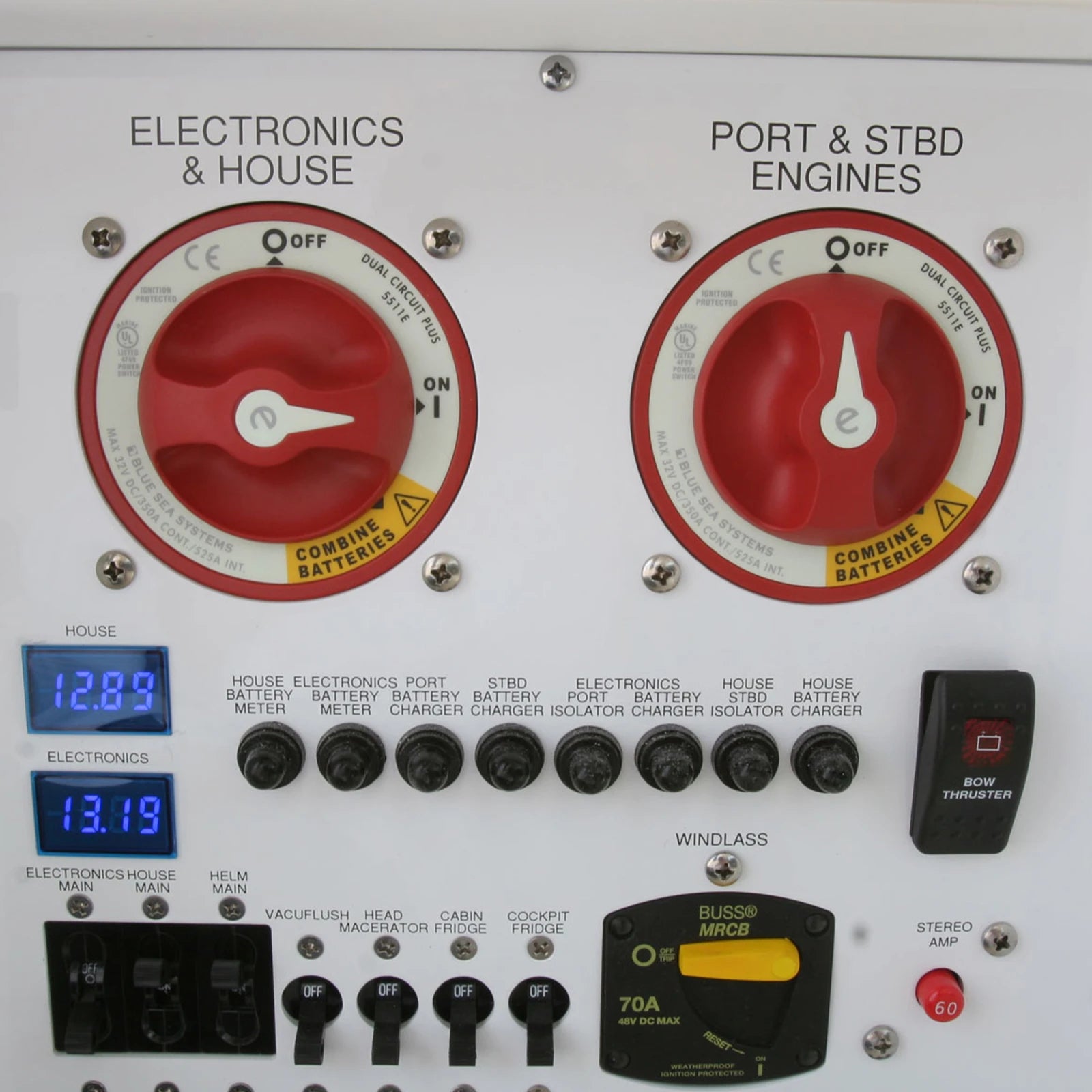 Comprehensive marine electrical panel featuring battery switches, voltmeters, and circuit breakers