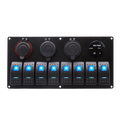 Front view of 8-gang marine switch panel with blue LED rockers, voltmeter, dual USB, and power sockets