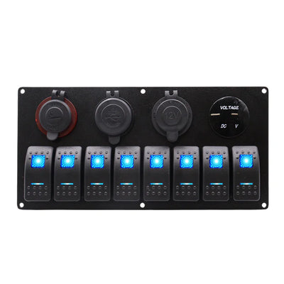 Front view of 8-gang marine switch panel with blue LED rockers, voltmeter, dual USB, and power sockets